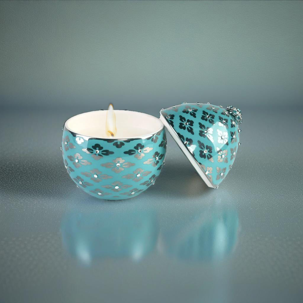 Aqua Festive Elegance elegant scented candle, egg-shaped, festive décor.