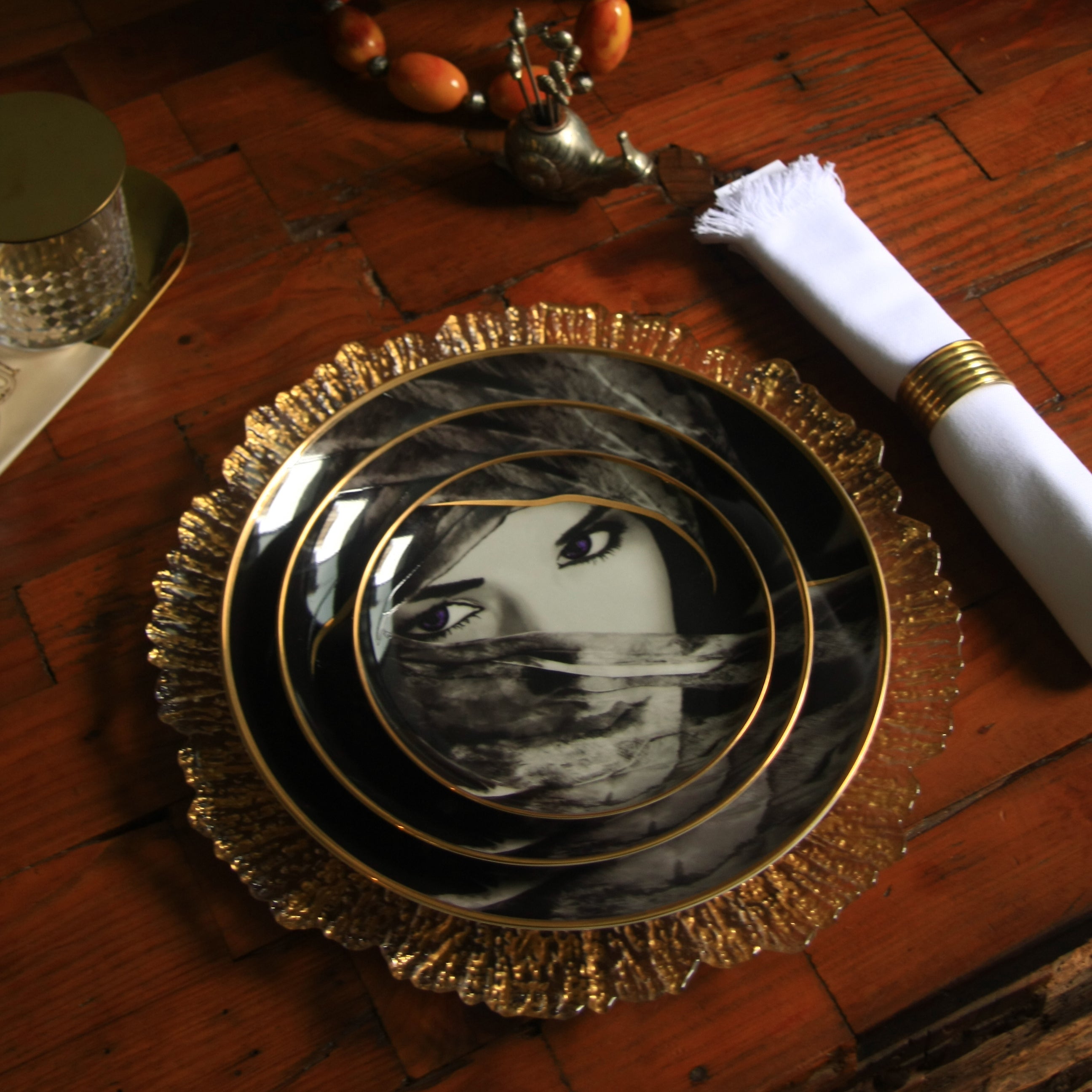 Designer dinnerware set featuring intricate patterns for a sophisticated table setting.